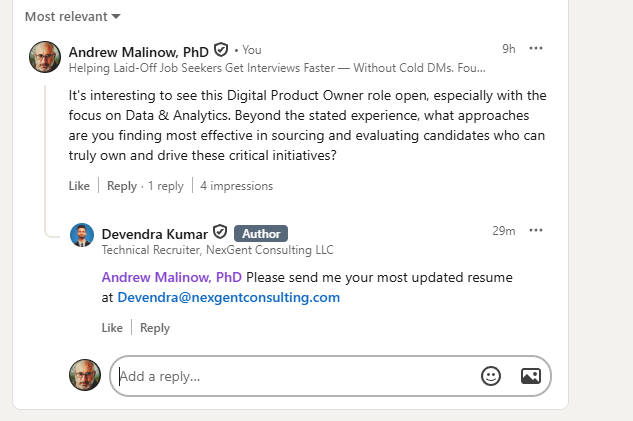 Recruiter asks for resume after comment